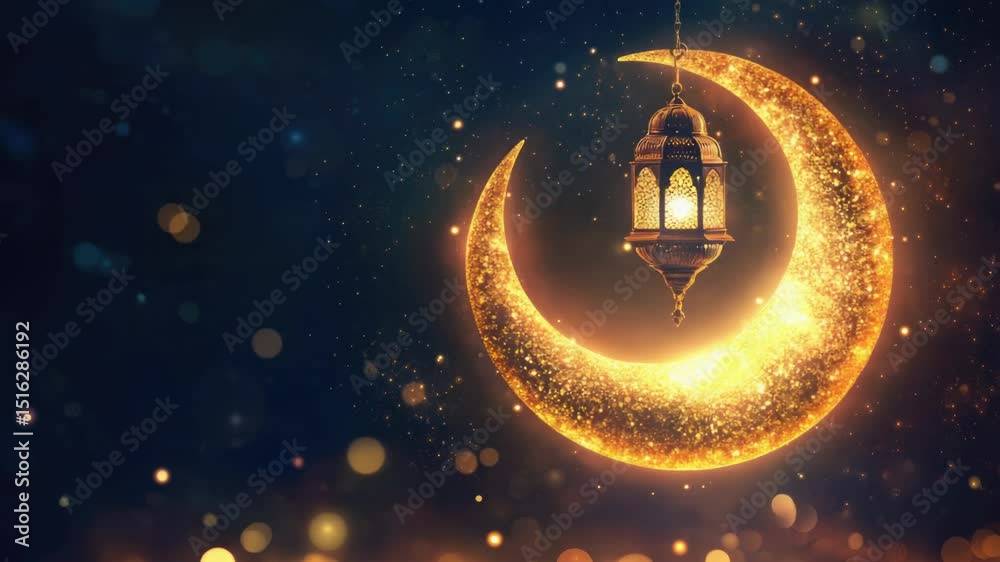 Poster a beautiful golden crescent moon with a lantern hanging from its center, perfect for decorating or a