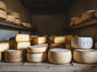 Fototapeta premium Abundance of Aged Cheese Wheels and Wedges Stored on Wooden Shelves in a Cellar.