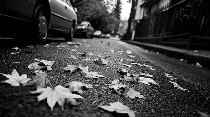 Obraz premium Monochrome Serenity: Fallen Leaves Adorn a Quiet Streetscape in Autumn