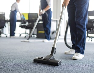 Cleaning crew vacuums office floor