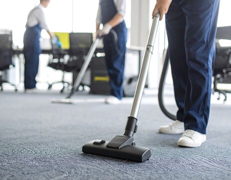 Cleaning crew vacuums office floor