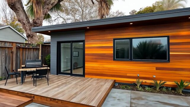 Backyard guesthouse with wooden siding and deck