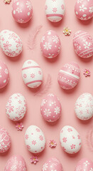 Decorated Easter Eggs Laying on Pink Background with Small Flowers