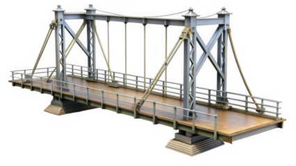 A stunning metallic suspension bridge showcasing elegant architecture, with wooden decking and detailed support cables, illuminated softly for an inviting atmosphere.