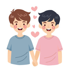 Cute cartoon of two happy boys with  heart symbolizing LGBTQ+ love and pride.