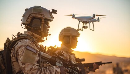 Soldiers with drone with sunset desert.