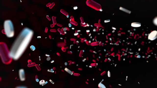 Dynamic animation of red and white capsules and tablets moving rapidly through a dark environment, simulating the bloodstream or internal human body.