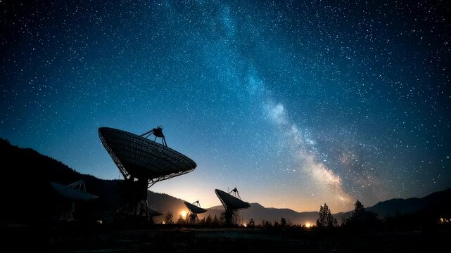 starry night scene featuring satellite dishes under a vast, dark sky filled with stars and the milky way, capturing the cosmic beauty