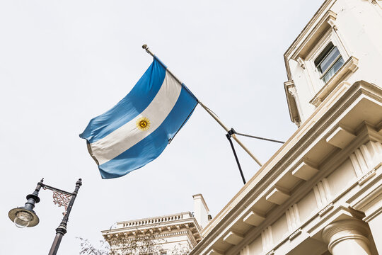 Argentine Flag Waving Outside Embassy Building in London. London, UK, 6 April 2024