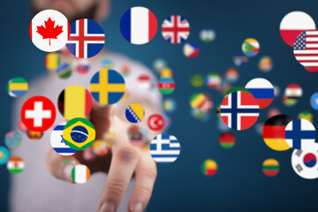 Image of diverse flags symbolizing global communication, international business, and worldwide...