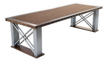 A modern, industrial-style table featuring a sturdy aluminum frame and a beautifully polished wooden top, perfect for contemporary indoor or outdoor settings.