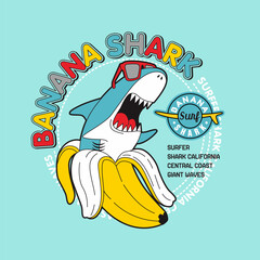 Banana shark cartoon, vector illustration.