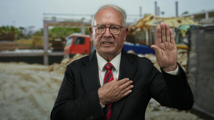 Senior man in business suit at a construction site outdoors, placing hand on heart, raising other...