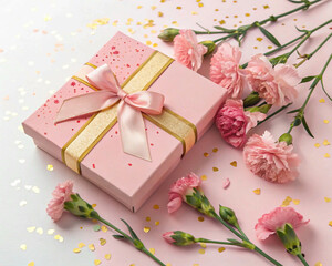 gift box with roses, Pink and Gold Gift Box with Carnations and Confetti on Pastel Background