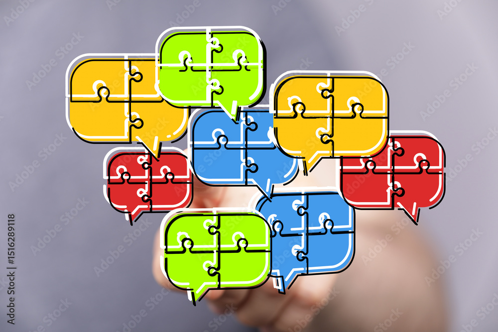 Poster Abstract image of puzzle pieces in speech bubbles, representing teamwork, communication, and problem-solving.