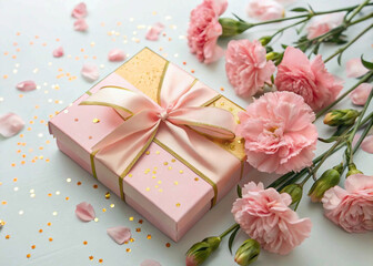 gift box with pink roses, Pink and Gold Gift Box with Carnations and Confetti on Pastel Background