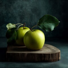 Still Life with Two Green Apples on Rustic Wooden Board, food photography , fruit