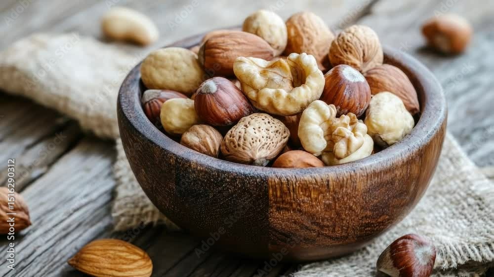 Poster a wooden bowl filled with various types of nuts on a table