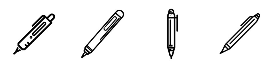 Fototapeta premium Icon set featuring various pen designs in simple black and white style for modern graphic projects