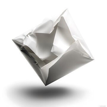 a paper cube imploding inward at the corners under unseen pressure, frozen in a suspended moment of collapse, captured photorealistically against a seamless