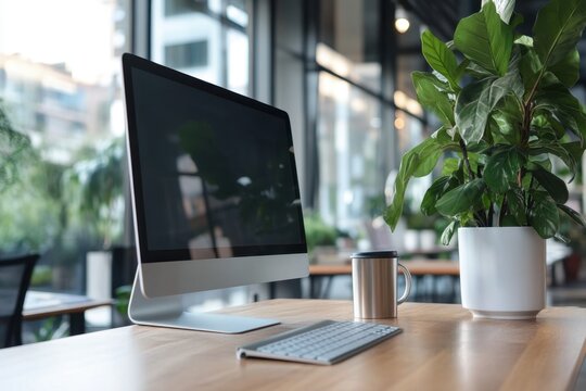 Modern office setup featuring a desktop computer urban environment professional workspace contemporary design gigapixel quality