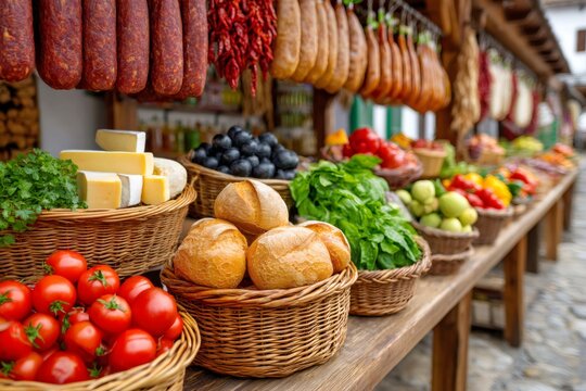 Displaying fresh produce and cured meats at farmers market