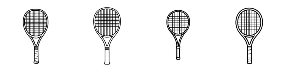 Icon set displaying various styles of tennis rackets designed for sports enthusiasts and players
