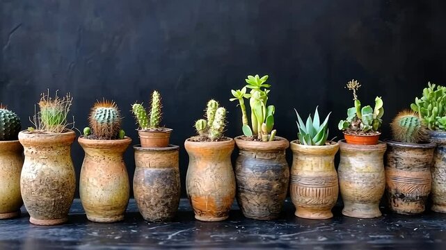 Succulents and cacti in terracotta pots against a dark background
