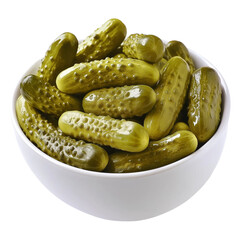 Marinated pickles in bowl on white background perfect for fermented food themes and cooking websites