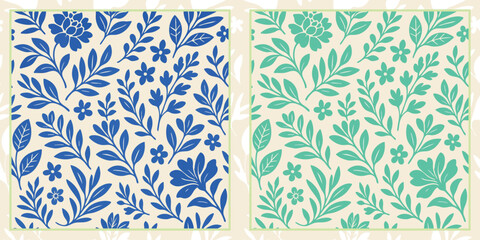 Set of two seamless floral patterns in a classic block print style. Stylized flowers & leaves on a cream background. Includes blue and mint green color options. Ideal for textiles & decor