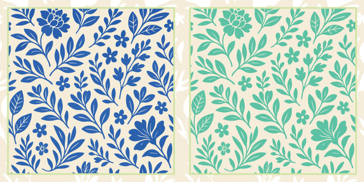 Set of two seamless floral patterns in a classic block print style. Stylized flowers & leaves on a cream background. Includes blue and mint green color options. Ideal for textiles & decor
