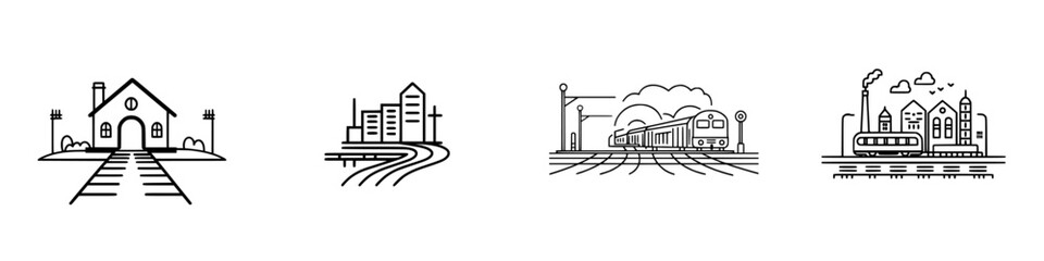 Fototapeta premium Icon set representing transportation and urban elements with trains, tracks, and cityscapes