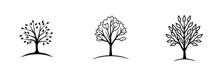 Icon set featuring three distinct tree designs in simple black and white style, perfect for nature-themed projects