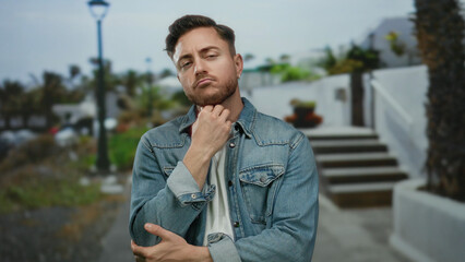 Young man with beard thinking deeply on a city street in an outdoor urban setting wearing a denim...