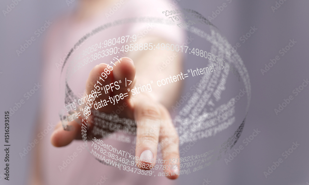 Aufkleber Close-up of a hand interacting with a digital hologram displaying lines of code and data.