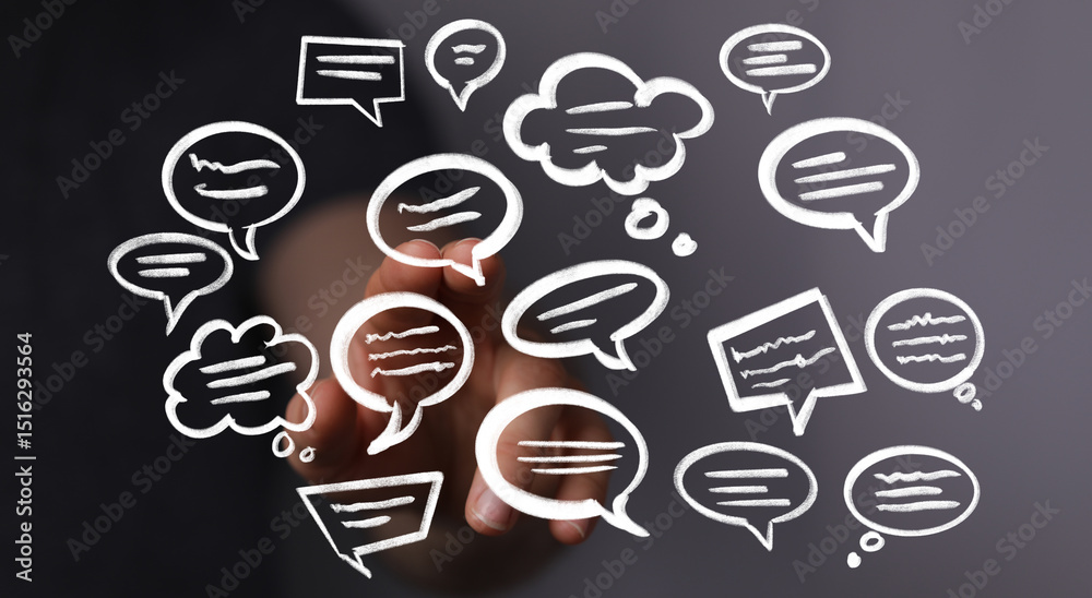 Poster Abstract image of hand interacting with speech bubbles, ideal for communication, social media, and networking concepts.