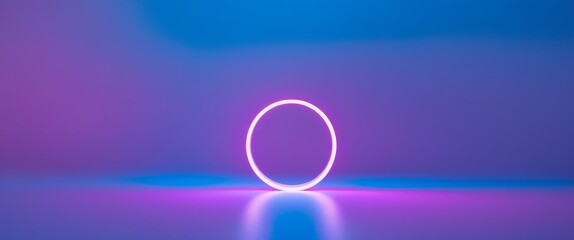 Glowing Neon Circle on Reflective Surface with Blue and Purple Gradient Backdrop.