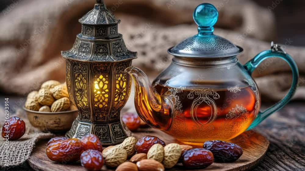 Poster a tea pot and some nuts on a table