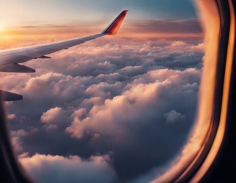Close-up of airplane window with clouds and sunset sky outside the window, minimalist interior.