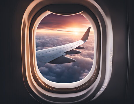 Close-up of airplane window with clouds and sunset sky outside the window, minimalist interior.