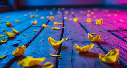 Golden Petals on a Neon Wooden Floor, Vibrant Colors and Dreamlike Atmosphere.