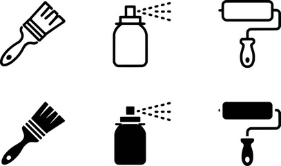 Painting tools icons set brush roller spray can