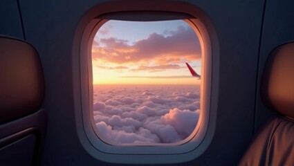 Close-up of airplane window with clouds and sunset sky outside the window, minimalist interior.
