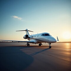 Obraz premium Private airplane on runway at golden hour with soft shadows and reflections