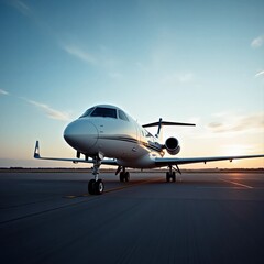 Obraz premium Private airplane on runway at golden hour with soft shadows and reflections