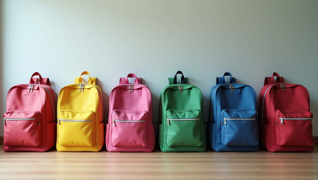 Multicolored school backpacks lined up against the wall, school setting
