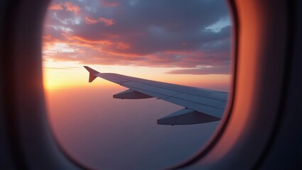 Close-up of airplane window with clouds and sunset sky outside the window, minimalist interior.