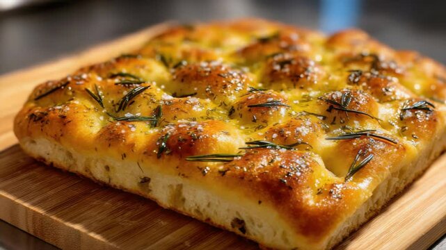 Freshly baked rectangular rosemary focaccia with golden crust and aromatic herbs on a wooden cutting board, close-up view of homemade Italian bread