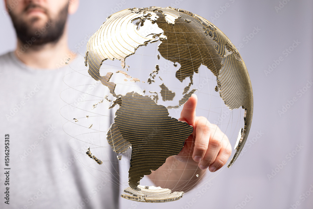 Aufkleber man interacts with a digital globe, symbolizing global connections and international business.
