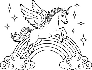 Magical unicorn soaring over rainbow clouds
